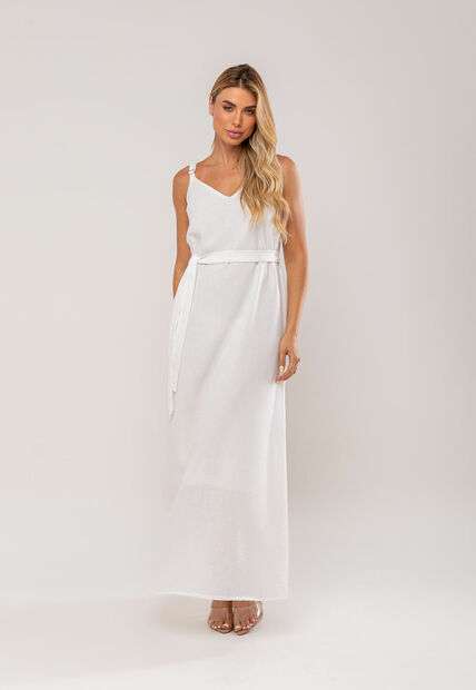 Vestido Longo Com Faixa Na Cintura Branco Salvatore
