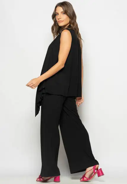 Conjunto Com Kimono, Regata e Wide Leg Malha Preto Salvatore