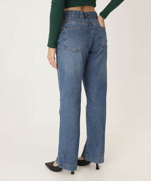 Calça Reta Feminina Bolsos Ecxo Jeans