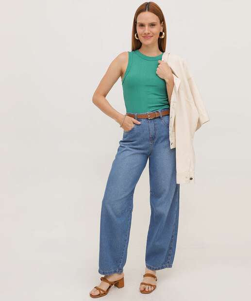 Calça Jeans Barrel Feminina Bolsos