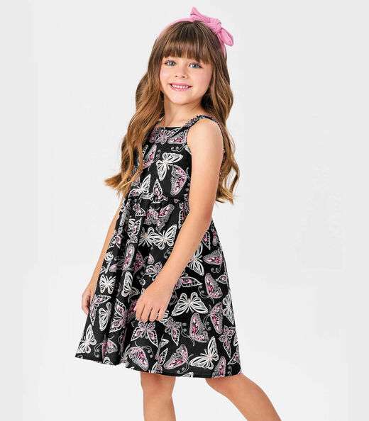 Vestido Menina Popeline Borboletas Trick Nick Preto