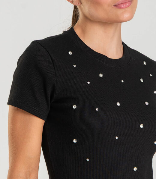 Blusa Feminina Manga Curta Com Rebites Dianna Preto