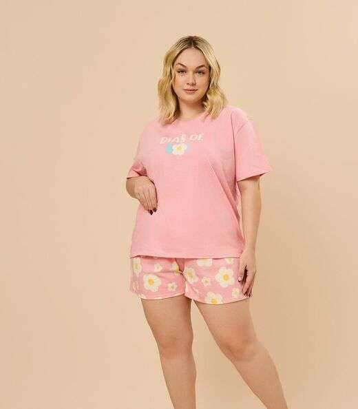Image_Pijama Feminino Plus Size Curto Estampado Evanilda Rosa