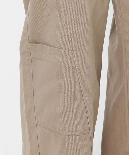 Calça Wide Leg Feminina Sarja Bolsos Bege