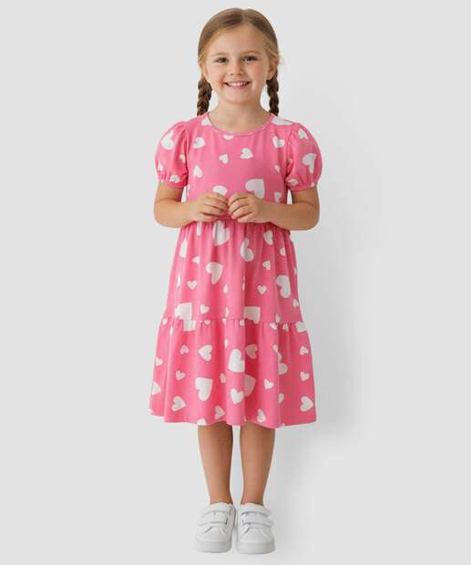 Image_Vestido Infantil Corações Manga Bufante Rosa Marisa Tam 4 a 10