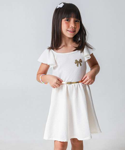 Vestido Infantil Textura Cinto Marisa Tam 4 a 10 Off White