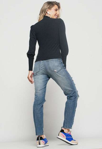 Blusa  Princesa Manga Longa Canelada Preta