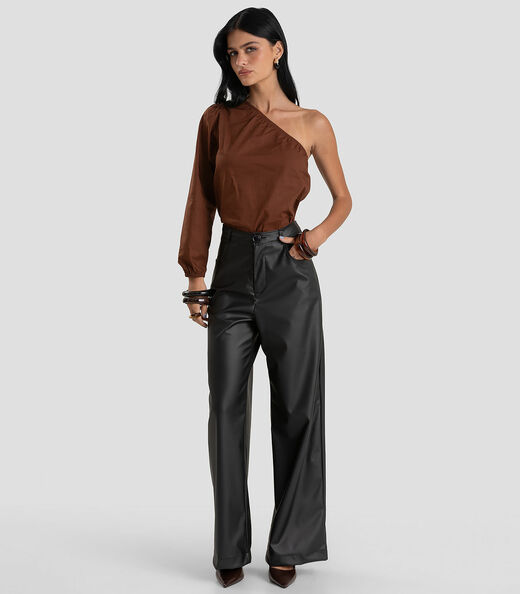 Blusa Feminina Manga Única em Tricoline Dianna Marrom