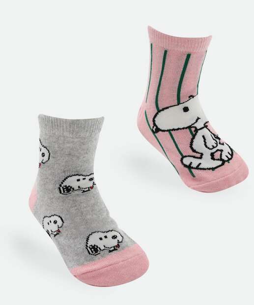 Image_Kit 2 Meias Infantil Soquete Estampa Snoopy Rosa