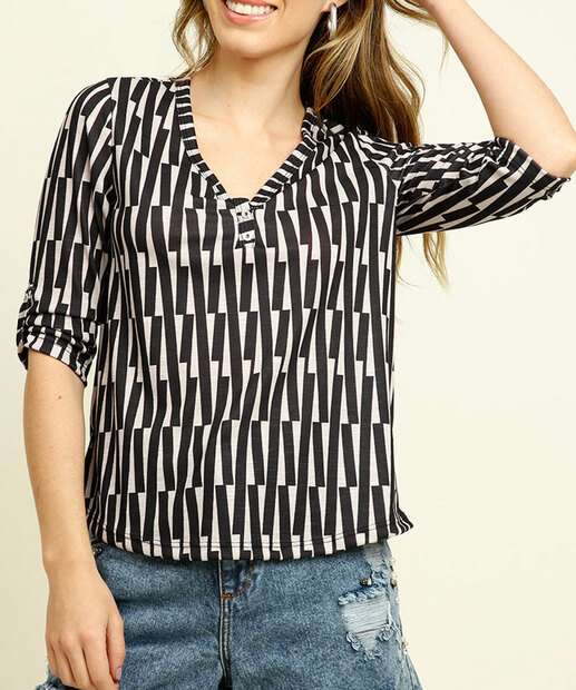 Blusa Feminina Estampa Geométrica Manga 7/8 