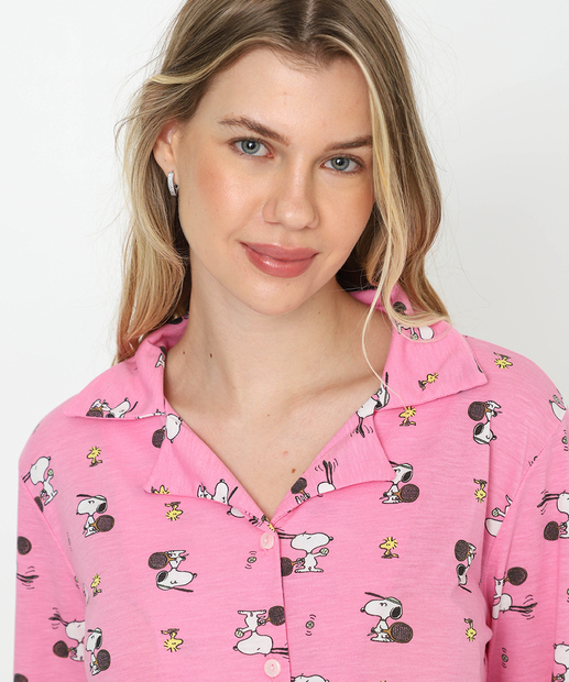 Pijama Americano Feminino Snoopy Manga Longa Rosa
