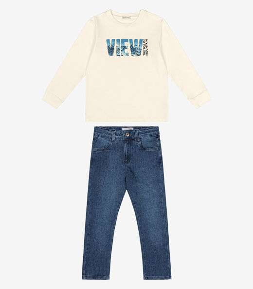 Conjunto Camiseta Com Calça Jeans Trick Nick Bege