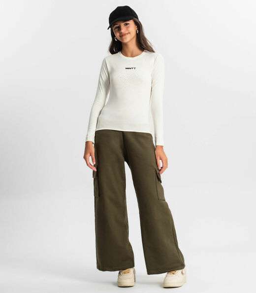 Blusa Juvenil Com Strass Manga Longa Minty Bege