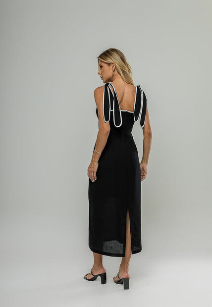 Vestido Midi Com Alças De Amarração e Acabamento Contrastante Preto Salvatore