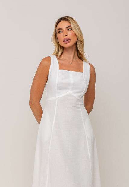 Vestido Midi Decote Reto e Alça Larga Branco Salvatore