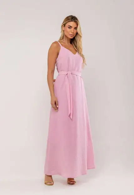 Vestido Longo Com Faixa Na Cintura Rosa Salvatore