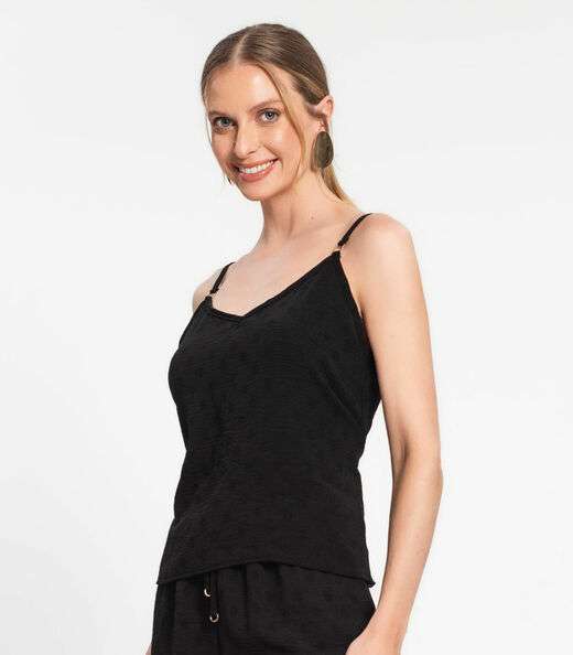Blusa De Alça Regulável Em Air Flow Poá Rovitex Preto