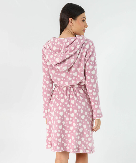 Roupão Feminino Plush Corações Manga Longa Marisa Rosa