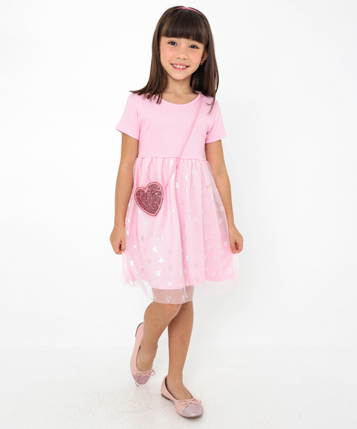 Image_Vestido Infantil Tule Coração Foil Bolsa Marisa Tam 4 a 10 Rosa