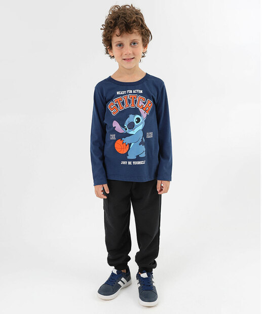 Camiseta Infantil Manga Longa Stitch Azul 