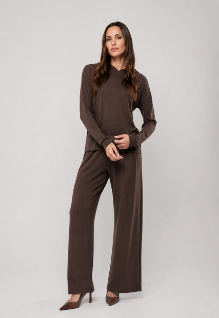 Conjunto Moletinho Wide Leg Com Casaco de Capuz Marrom Salvatore