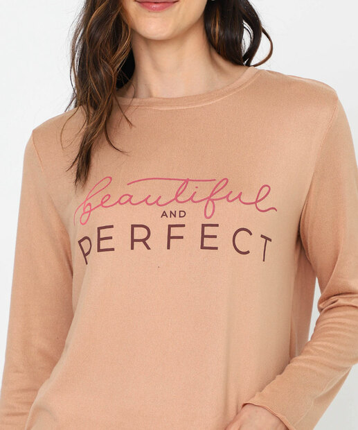 Pijama Feminino Tricô Estampa Frase Marisa Bege