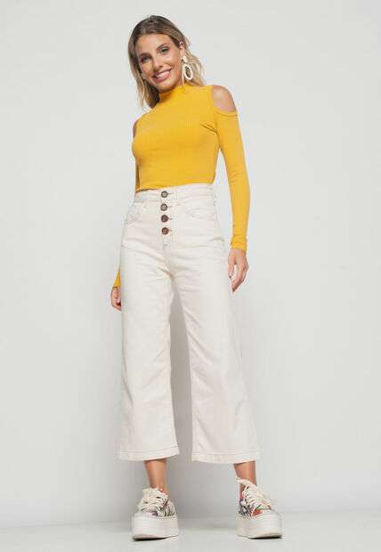 Blusa  Ombro Vazado Manga Longa Canelada Mostarda