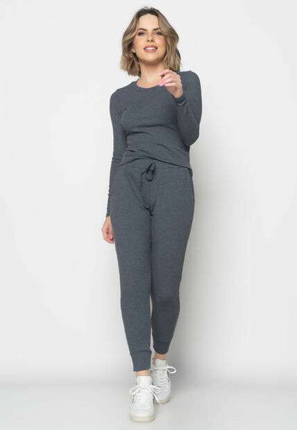 Conjunto  Comfy Com Blusa Manga Longa e Jogger Canelada Grafite Salvatore Fashio