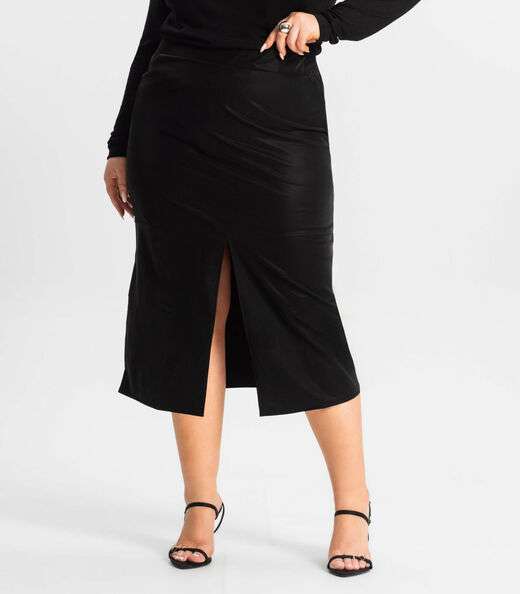 Saia Midi Plus Size Com Fenda Secret Glam Preto