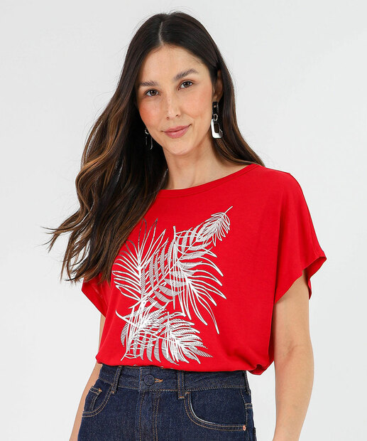 Image_Blusa Feminina Estampa Folhas Manga Curta Marisa Vermelho