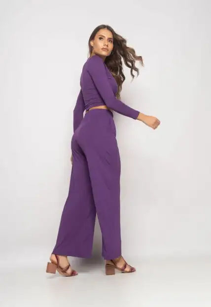 Conjunto Cropped Nó e Wide Leg Manga Longa Malha Roxo Salvatore
