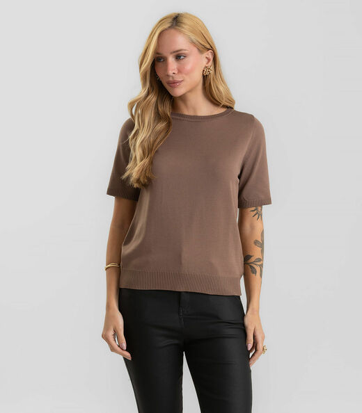Image_Blusa Feminina Manga Curta Lisa Em Tricot Dianna Marrom