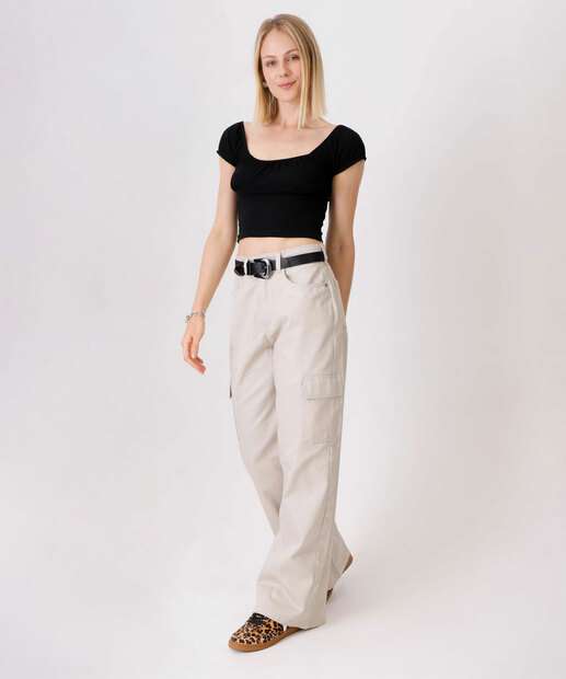 Image_Calça Feminina Sarja Wide Leg Cargo Areia