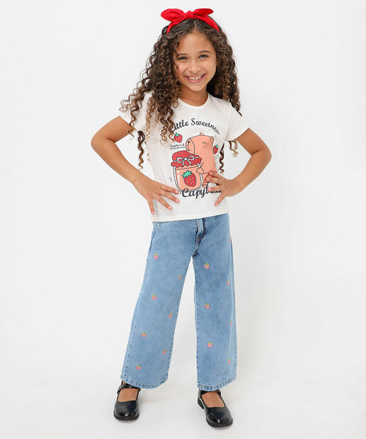 Image_Calça Jeans Reta Infantil Bordado Morango Tam 4 a 10 Azul