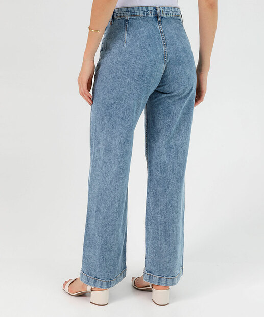 Calça Jeans Wide Leg Bolsos Feminina Azul