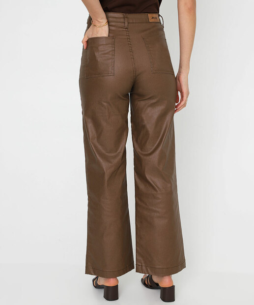 Calça Feminina Sarja Wide Leg Resinada Sawary Marrom