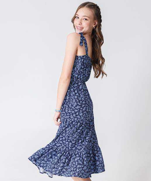 Vestido Juvenil Midi Estampa Flores Marisa Tam 10 a 16 Azul