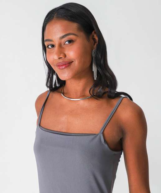 Vestido Longo Feminino Fenda Alças Finas Marisa Cinza