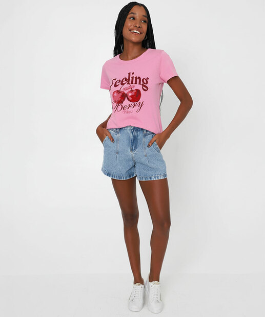 Camiseta Feminina Estampa Cereja Manga Curta Marisa Rosa