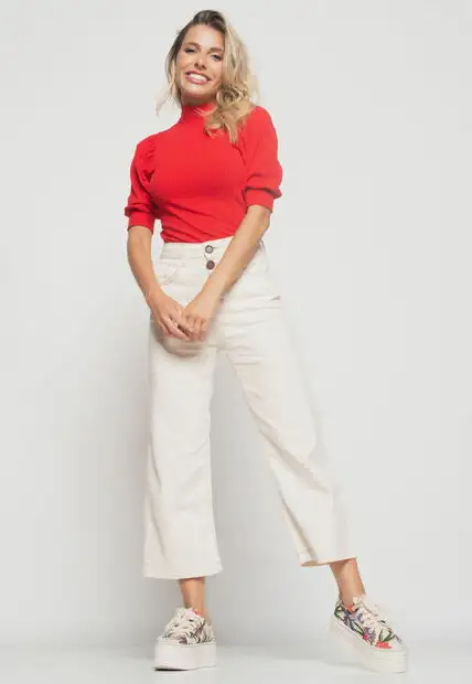 Blusa  Princesa Manga Curta Canelada Vermelha Salvatore Fashion