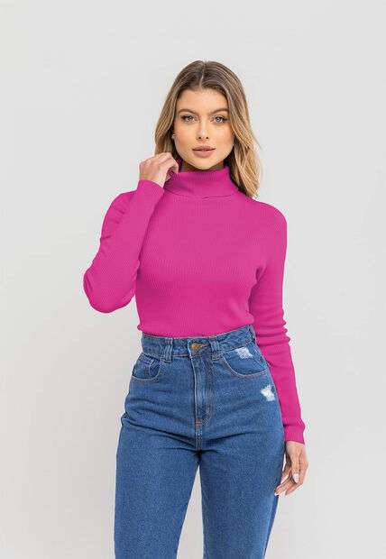 Blusa Tricot Modal Canelado Gola Rolê Pink Salvatore