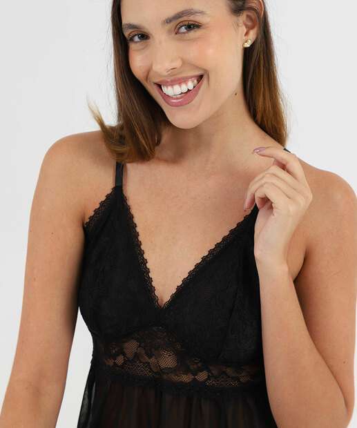 Camisola Sensual Tule Recorte Renda Marisa Preto
