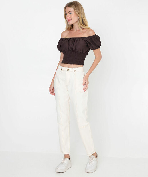 Image_Calça Mom Sarja Bolsos Cintura Alta Off White