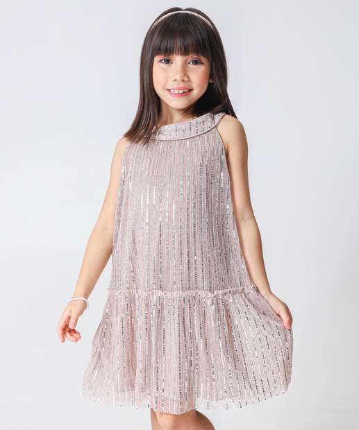 Vestido Infantil Sem Manga Tule Paetê Marisa Tam 4 a 10