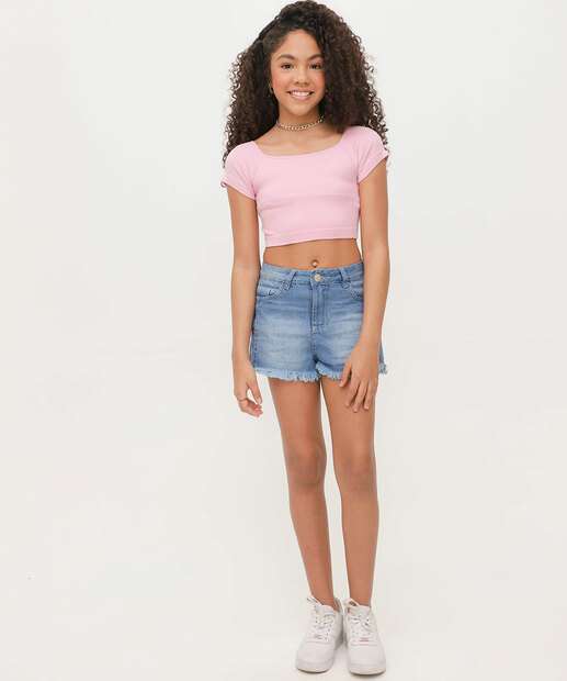Short Juvenil Jeans Bordado Cereja Tam 10 a 16