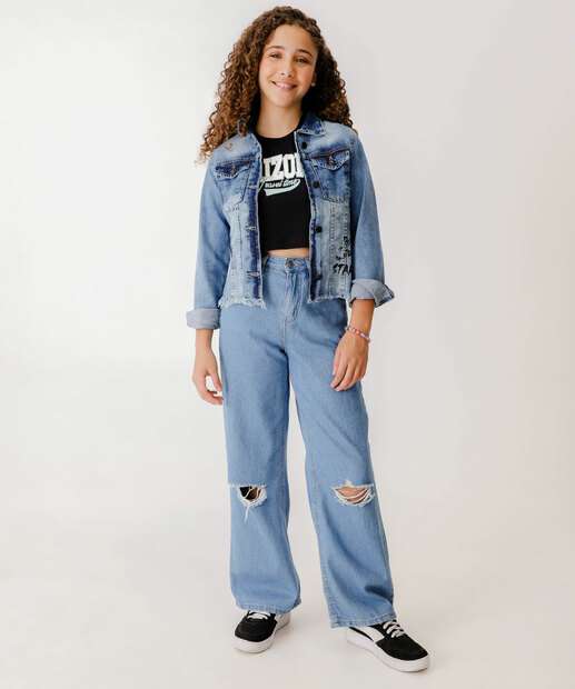 Jaqueta Juvenil Jeans Barra Desfiada Tam 10 a 16