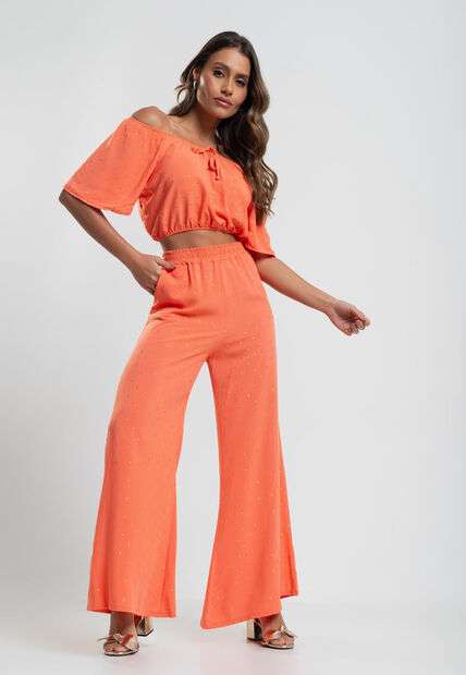 Calça Pantalona Viscose Com Lurex Laranja Salvatore Fashion