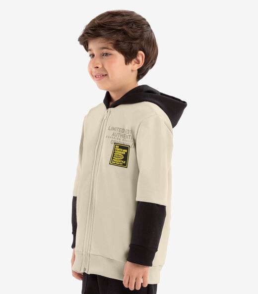 Jaqueta Infantil Com Capuz Em Moletom Rovi Kids Bege