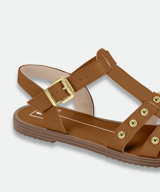 Sandália Feminina Rasteira Tachas Moleca Caramelo