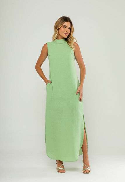 Vestido Longo Gola Alta E Fenda Lateral Verde Salvatore